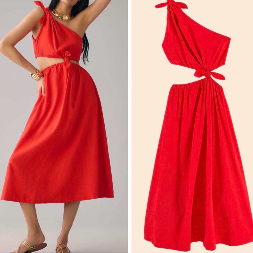 NWT FARM RIO one shoulder cutout linen blend midi dress in red size reg $228